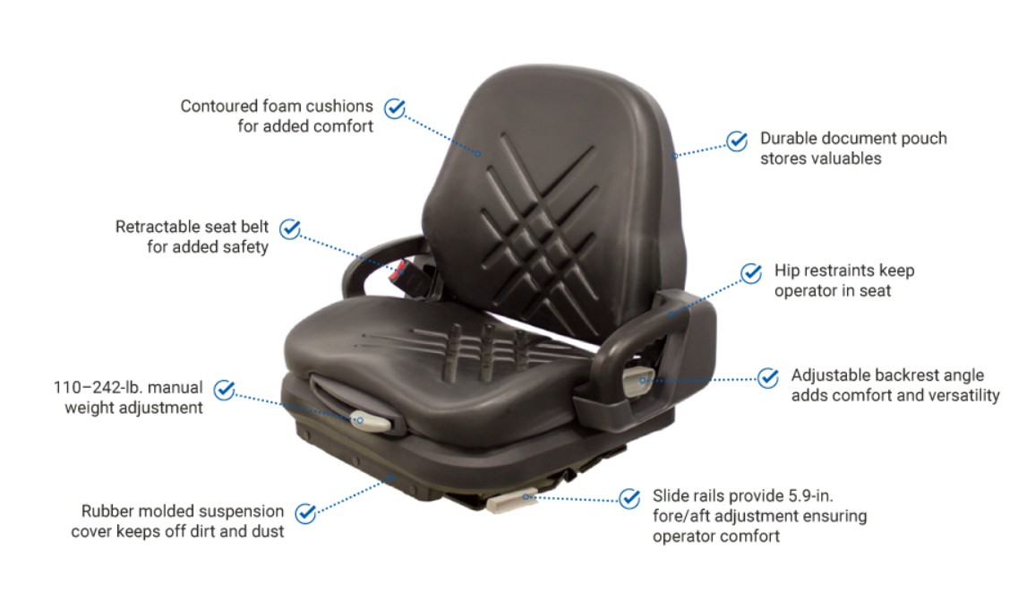 Forklift seats and operator comfort parts for industrial equipment